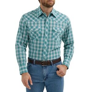 Wrangler Long Sleeve Western Snap Button Shirt in Porcelain Plaid - Size Medium
